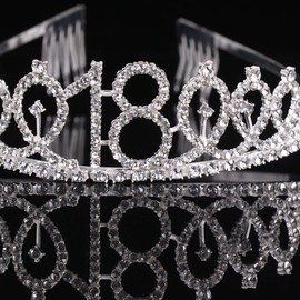 Minkissy 18th Birthday Tiara Crystal Rhinestone Princess Crown Happy 18th Hair Accessories for Women Silver