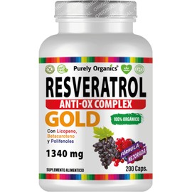 Suplemento Antioxidante 1340mg | Resveratrol + Polifenoles, Betacaroteno, Licopeno y Vitamina C | Anti Ox complex | Purely Organics | Resveratrol Gold | Cápsulas Veganas | 1 Unidad de 200 cápsulas.
