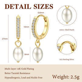 DOCHAIS Hoop Earrings Gold 925 Silver Earrings with Pearls Zircon Hypoallergenic Beads Hoop Earrings Golden Earrings Hoop Earrings Women Jewellery Gold, Sterling Silver