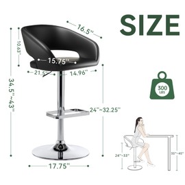 Adjustable Swivel Bar Stool with Arms, Hollow Back & Footrest, Modern PU Leather Counter Height Stools, Gas Lift Bar Chair for Kitchen Island, Home Bar, Dining Room (Black, Chrome Base)