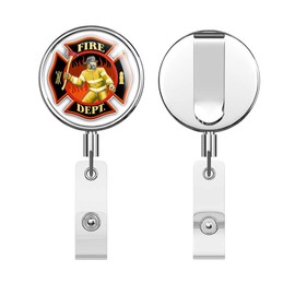 Firefighter Maltese Cross Symbol Round ID Badge Key Card Tag Holder Badge Retractable Reel Badge Holder with Belt Clip