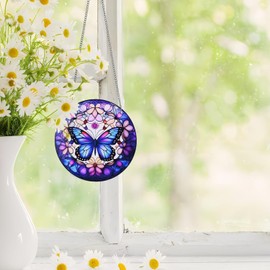Flower Leaf Butterfly Stained Windows Hanging Suncatcher,Flower Butterfly Suncatchers Window Ornament Glass Panel Sun Catcher Wall Hanging Decor Birthday Gifts