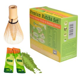 Mini Matcha Tea Set-Ceremonial Organic Japanese Matcha Powder With 30 single-serving sticks and Handmade Bamboo Whisk