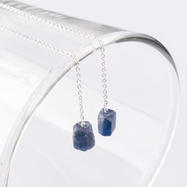 YANARA Natural Raw Blue Sapphire Dainty Threader Pair Earrings, Gemstone September Birthstone Crystal, Mother's Day Gifts For Mom Women, Chakra Energy Healing Crystals Jewelry in Silver Plated