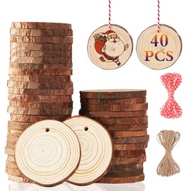Miaikoe Natural Wooden Discs 40 Pieces 5-6 cm Unfinished DIY Craft Pre-Drilled with Hole Round Wooden Circles for Art Rustic Wood Discs Christmas Decoration Decor