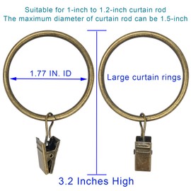 WeeksEight 40 Pack Bronze Curtain Rings with Clips, Curtain Hooks Hangers Clip Rings for Hanging Drapes Bows Hat, Drapery Rings 1.77 in I D, Fits up to 1.5 in Diameter Curtain Rod.