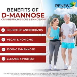 Renew Actives RENEW ACTIVES High Potency D-Mannose & Cranberry Complex 1000MG per Serving C With Hibiscus & Dandelion Extracts C Antioxidant Blend C No Artificial Flavours C Easy to Swallow - 120 Capsules (2pk)