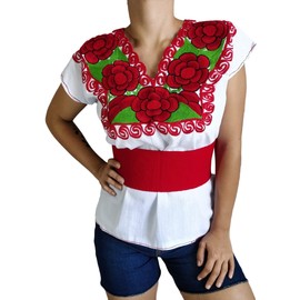 Classic Mexican Embroidery Blouse Floral Desing with a Red Flat Waist Belt. (X-Large, White)