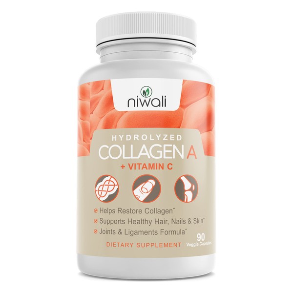 NIWALI Hydrolyzed Collagen + Vitamin C Anti-Aging Dietary Supplements – Formulated for Stronger Skin, Nails, Muscles, and Joints – 60 Capsules