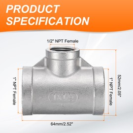 sourcing map Tee Pipe Fitting (1/2" x 1" x 1") NPT Female 304 Stainless Steel t Shaped Reducer 3 Way T-Connector for Industrial Connection Water Air Gas Oil Fuel