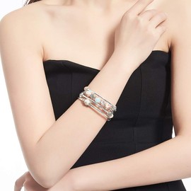 BULINLIN Beaded Pearl Layered Bangle Bracelet for Women Turquoise Bohemian Thick Silver Plated Fashion Jewellery Gifts for Birthday(King green)