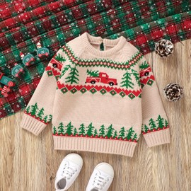 Himllauen Baby Boy Girl Christmas Sweater Long Sleeve Crew Neck Christmas Knit Pullover Trunk Santa Print Infant Tops Warm Winter (Khaki, 9-12 Months)