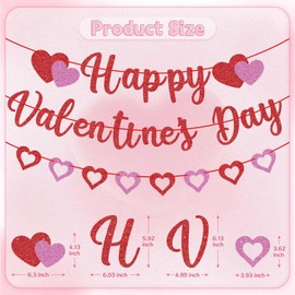 GULWAT Glitter Happy Valentines Day Banner, Glitter Red Pink Hanging Paper Heart Banner for Valentines Party Decorations Home School Classroom Office Hanging Wedding Anniversary Party Decor
