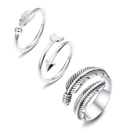 JOERICA 3 Pcs Silver Adjustable Open Rings Women Feather Thumb Stackable Knuckle Ring Sideways Arrow Horizontal Ring