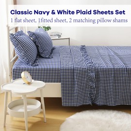 K MASANIJI Navy Blue White Plaid Ruffle Sheets Queen Size 4-Piece Set, 300TC 100% Yarn Dyed Cotton Sheets 18 in Deep Pocket Classic Gingham Decorative Bedding (Navy Blue/White Plaid, Queen)