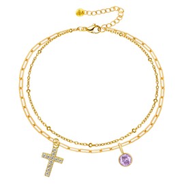 SHNWTM Cross Birthstone Bracelet for Women 14K Gold Plated Layered Link Bracelets Confirmation and Baptism Gifts Religious & Christian Gifts for Birthday Christmas Anniversary Bridesmaid (June)