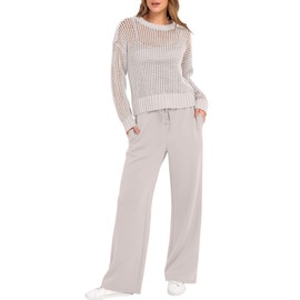 ANRABESS Womens 2 Piece Outfits Crochet Sheer Knit Sweater Top Wide Leg Pants Lounge Sets Sweatsuit 2025 Fall Travel Clothes Light Khaki Medium