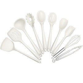 TeamFar Kitchen Cooking Utensils, 10 pcs Silicone Cooking Utensils Set, 446°F Heat Resistant Kitchen Gadgets Tools Set w/Spatula, Turners, Spoons, Soup Ladle, Pasta Server for Nonstick Cookware, White