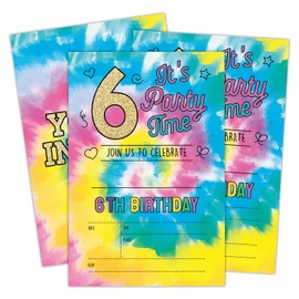 Doreen's Boutique Tie Dye 6th Birthday Invitation Cards, Modern Multicolor Tie Dye Pattern, 20 Cards & Envelopes, Perfect for Kids' Birthday Parties