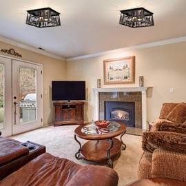 Farmhouse Flush Mount Ceiling Light,Deer Bear Rustic Kitchen Lighting Fixtures Ceiling,Vintage Square Metal Entryway Light Fixture,2-Light Industrial Black Chandelier for Bedroom,Living Room,Hallway