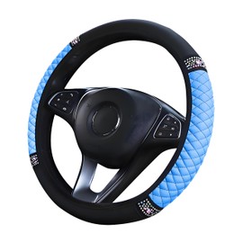 Bling Car Steering Wheel Cover with Rhinestones, 15 Inch Sparkly Crystal Diamond Steering Wheel Cover, Soft Leather Steering Wheel Protector, Anti-slip Auto Elastic Steering Wheel Covers, Blue