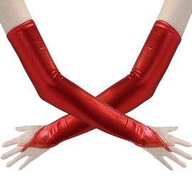 Huralona Super Long Metalic Satin Gloves Faux Leather Sexy Wet Look Elbow Length Long Gloves (Fingerless-Red)