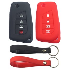 kcpros 2Pcs Rubber Silicone 4 Buttons Remote Smart Flip Key Fob Cover Case Protector Keyless with Keychain Compatible with Toyota Camry 2018 2019 2020 2021 2022 Corolla 2020 2021 Black Red