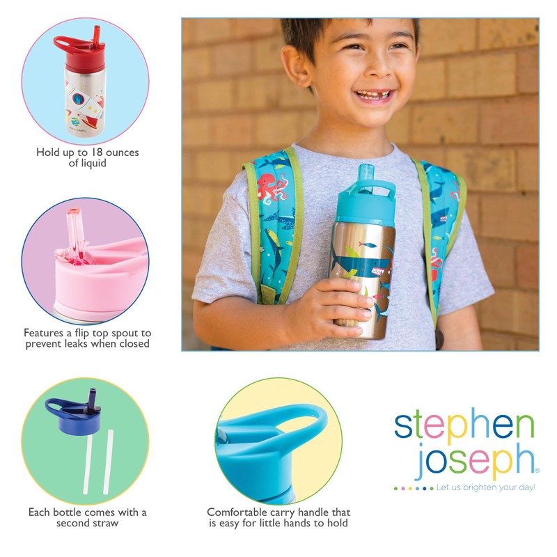 Stephen Joseph Stainless Steel Water Bottles, 18 OZ, Straw lid,