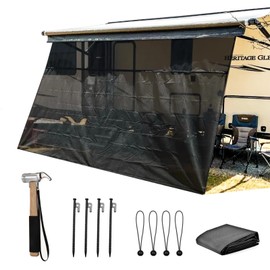 RV Awning Shade Screen with Zipper 9'X15'3'', Black Mesh Camper Awning Shade Screen, Universal Trailer Camper RV Awning Sun Shade Screen - Comes with Ground Nail Hammer Set