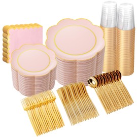 WONDERFUL 350PCS Pink Plastic Plates for Party Plates Disposable Heavy Duty Pink Gold Wedding Plate High End Plastic Dinnerware Sets for 50 Guests - Plate and Cups and Wedding Napkins Sets Large Party