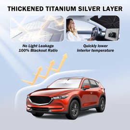 Windshield Sunshade Umbrella Custom Fit for Mazda CX-5 2017-2024 CX5-100% Blackout Ratio Thickened Titanium Silver 6 Layer UV Front Window Heat Insulation Protection Accessories Outdoor Camping