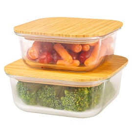 Crutello Glass Storage Containers with Bamboo Lids - Eco-Friendly Non Toxic Meal Prep Jars with Wooden Lid for Fridge and Kitchen Organization - Non Plastic Container for Fruit Bowls 2 Pack