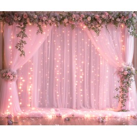 20ft X 8ft Pink Tulle Backdrop Curtains with Lights String for Parties Baby Shower 4 Panels Pink Sheer Photo Booth Props Backdrop Curtains for Birthday Party Christmas Photo Shoot Home Decorations