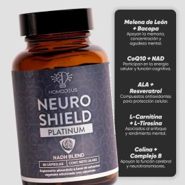 Nootrópico Homodeus Neuro Shield Platinum para Memoria y Concentración con Melena de León y Bacopa                                                    