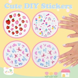 Press on Nails for Kids 3-6,with Cute DIY Stickers,4 Pack 48Pcs Little Girls Sparkling Princess Nails,Cute Pattern Pink Series
