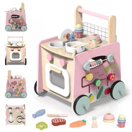 Gigglegems Wooden Baby Walker 4-in-1 with Push Walker Toys, Play Kitchen Accessories, Toddlers Montessori Sensory Toys, Walking Toys for Baby Girls Boys Learning to Walk