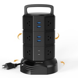 Power Strip Tower Surge Protector, JACKYLED 1625W 13A Outlet Surge Electric Tower, 12 Outlets 6 USB Ports Charging Station with 16AWG 6.5ft Heavy Duty Extension Cord for Home Office Dorm Black