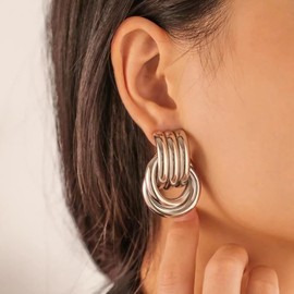 Chunky Silver Earrings for Women Silver Statement Knot Earrings Trendy Chunky Silver Hoop Geometric Earring Drop Dangle Silver Prom Earrings Minimalist Gold Jewelry (A-Silver)