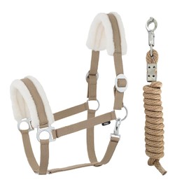 JA Horse Faux Fur Halter Lead Rope Set with Panic Hook Adjustable Horse Halter Horse Wooden Horse Tie Rope (Faux Fur Panic Hook Khaki, Cob)