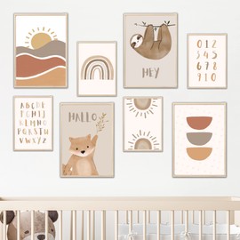 MeinBaby123® Children's Room Posters Set of 8, DIN A4 and DIN A5 Set, Wall Pictures, Decorative Pictures, Boho Baby Room Wall Poster, Premium (Sloth & Bear, Set of 8)