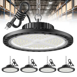 ISKYDRAW UFO LED High Bay Light 100W, 4 Pack Shop Lights for Garage 15000LM 6500K Daylight, Plug & Play IP65 Waterproof Commercial Bay Lighting for Workshop, Warehouse, Barn, Factory, Gym