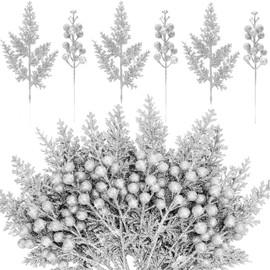 KKSTY 24 Pieces Christmas Tree Decorations - 12pcs Artificial Glitter Berries Stems and 12pcs Glitter Leaves for Christmas Tree Decor Wreath Making Vase Filler DIY Crafts (Silver)