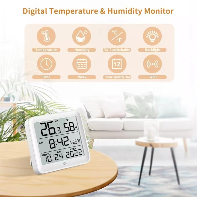 Snblzhef Digital Tuya WiFi Time Clock Date Thermometer Hygrometer Backlight