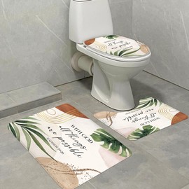 Glawry 4Pcs Bible Verse Shower Curtain Sets 72Wx72L, Non-Slip Rugs, Toilet Lid Cover and U-Shaped Mat, Abstract Christian Bathroom Sets with Rugs Shower Accessories with 12 Hooks for Bathroom Decor