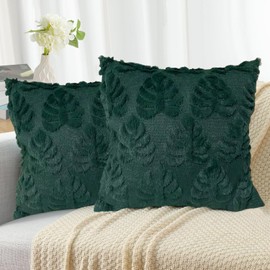 CJWLKJ 2Pcs Soft Faux Fur Throw Pillow Covers 18x18, Farmhouse Decorations Green Leaf Soft Plush Jacquard Pillow Cases for Couch Sofa Holiday Bed Home Decor