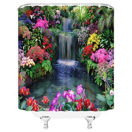 VPUPCN Garden Landscape Shower Curtain Waterfall Colorful Flower Plant Green Treen Forest Tropical Rainforest Jungle Nature Scenery Polyester Curtains Bathroom Decor with Hooks 70" Wx70 H