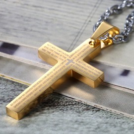 Flongo Men's Vintage Stainless Steel Gold Cross Spanish Bible Lords Prayer Pendant Necklace, 22 inch Chain