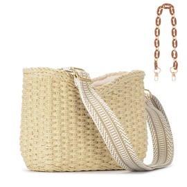 Herald Small Handmade Straw Crossbody Bag for Women, Summer Chic Woven Handbag Shoulder Purse with Chain & Guitar Strap (Beige)