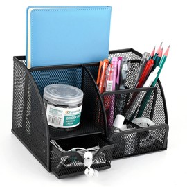 Desk Organiser, Mesh Metal Pen Holder, Black, Office Organiser with Drawer and Pen Holder, Desk Organiser, 6 Pen Holders for Pens, Notebooks, Folders, Sticky Note, Pen Box, Desk Organiser