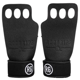 RooGrips - 3-Finger Durable Protective Leather Hand Grips, Weightlifting and Gymnastics Grips, Non-Slip Pull Up Gloves for Men and Women, Black, Small